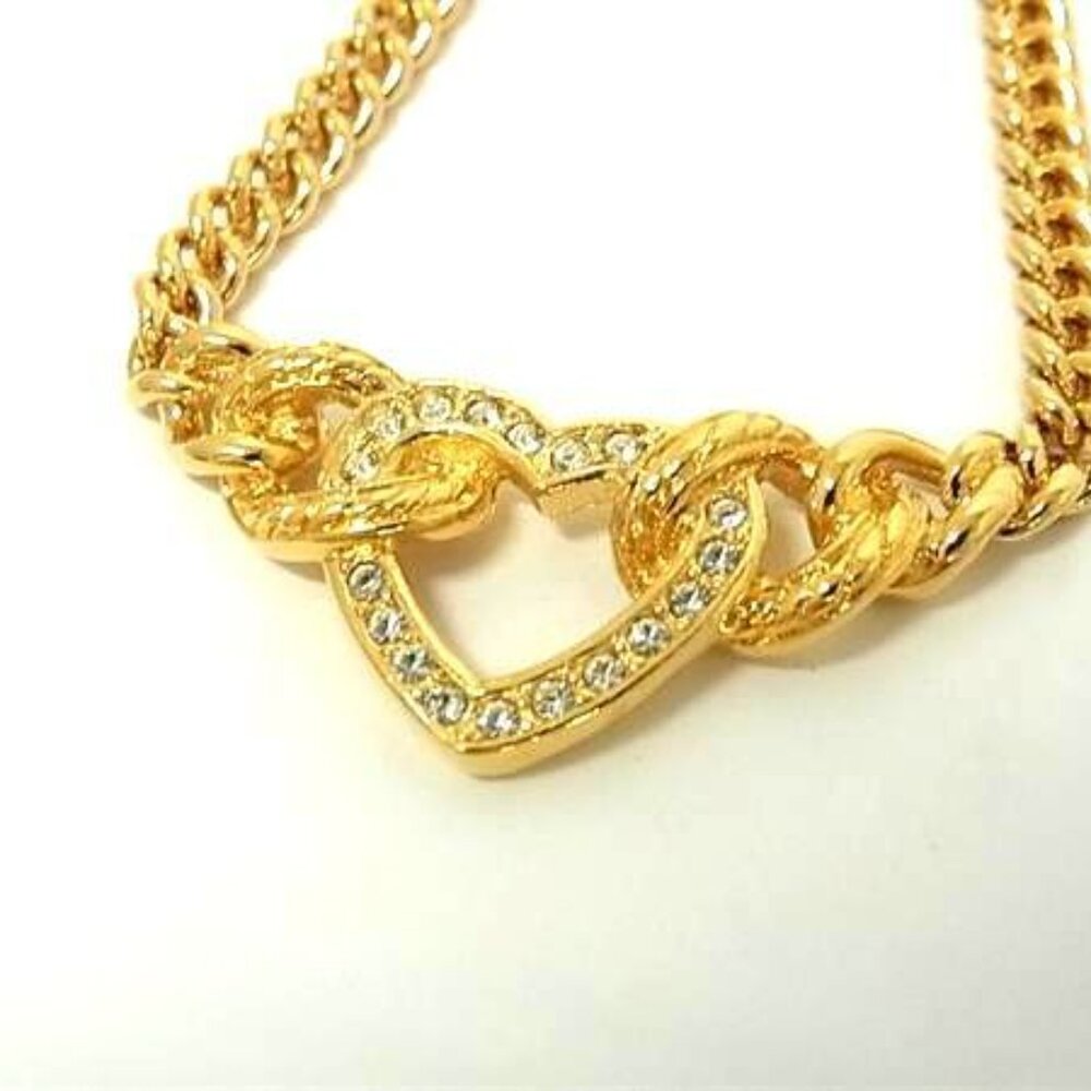 Christian Dior Necklace Rhinestone Heart Necklace Gold Metal - Picture 2 of 3